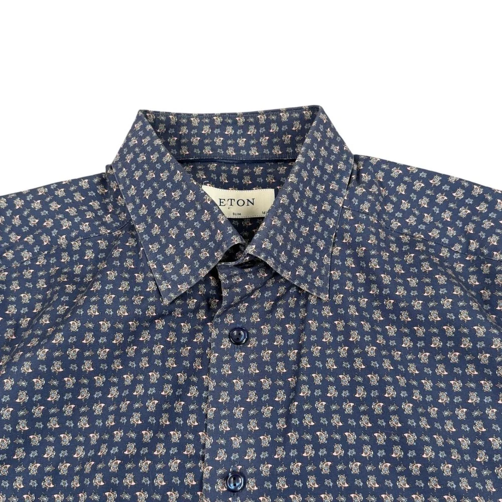 Eton Dress Shirt Mens 16.5 Blue Micro Paisley Slim Fit Poplin Cotton Long Sleeve - Picture 3 of 8